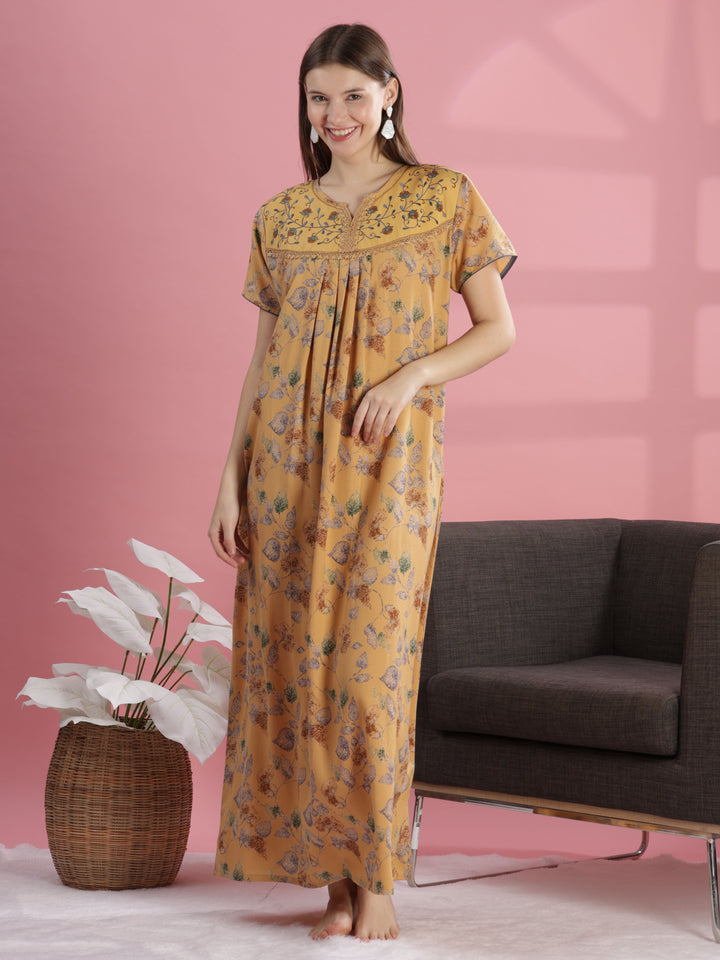 Mustard Yellow Designer Nighty with Embroidery and Pleated Design