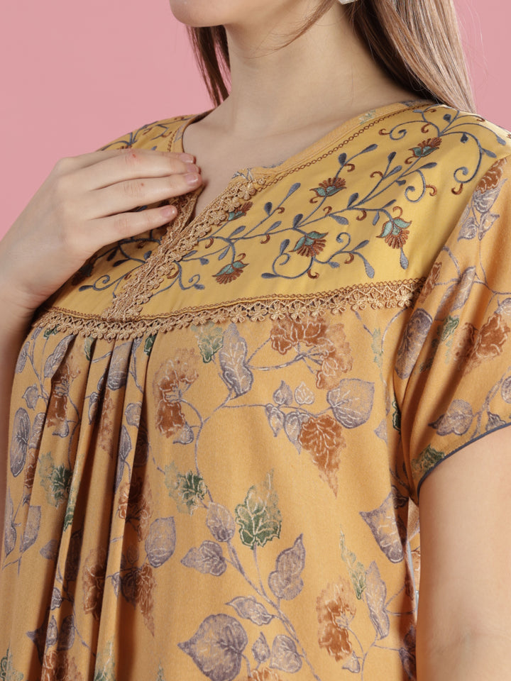 Mustard Yellow Designer Nighty with Embroidery and Pleated Design