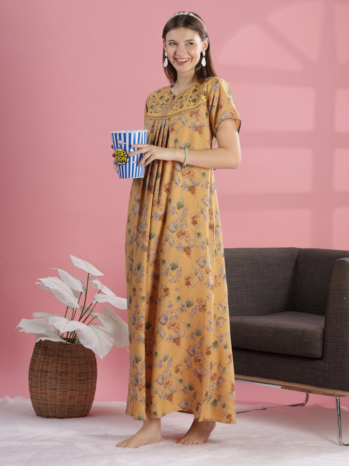 Mustard Yellow Designer Nighty with Embroidery and Pleated Design