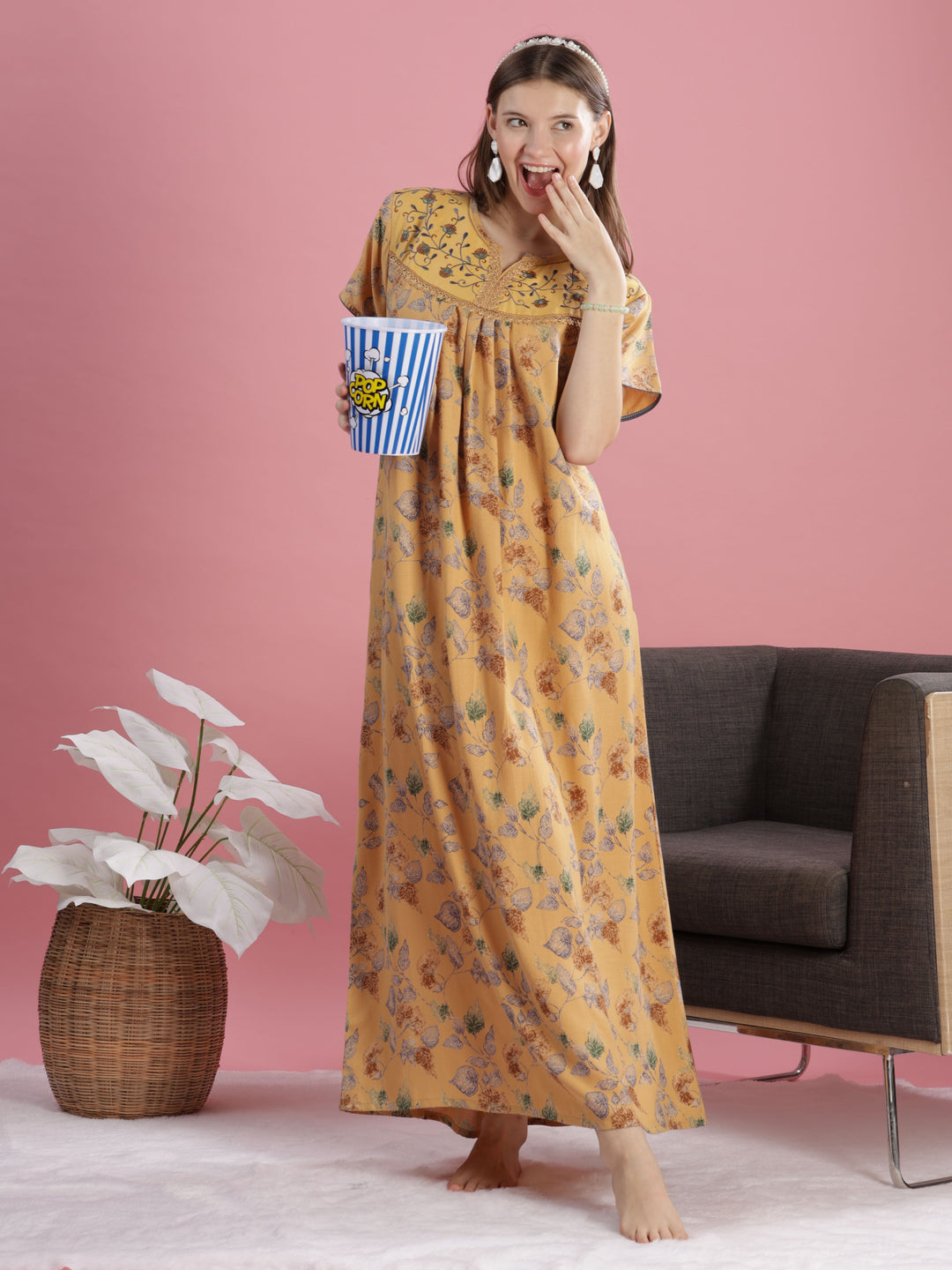 Mustard Yellow Designer Nighty with Embroidery and Pleated Design