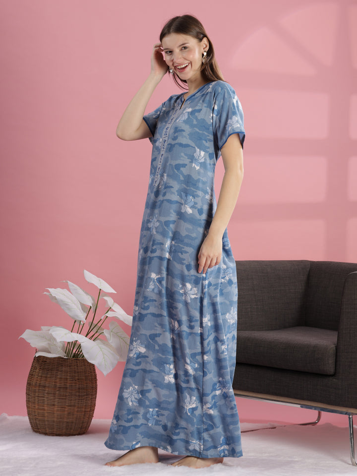 Chic Blue Floral Print Crush Cotton Nightdress for Women