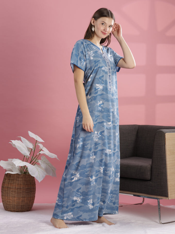 Chic Blue Floral Print Crush Cotton Nightdress for Women