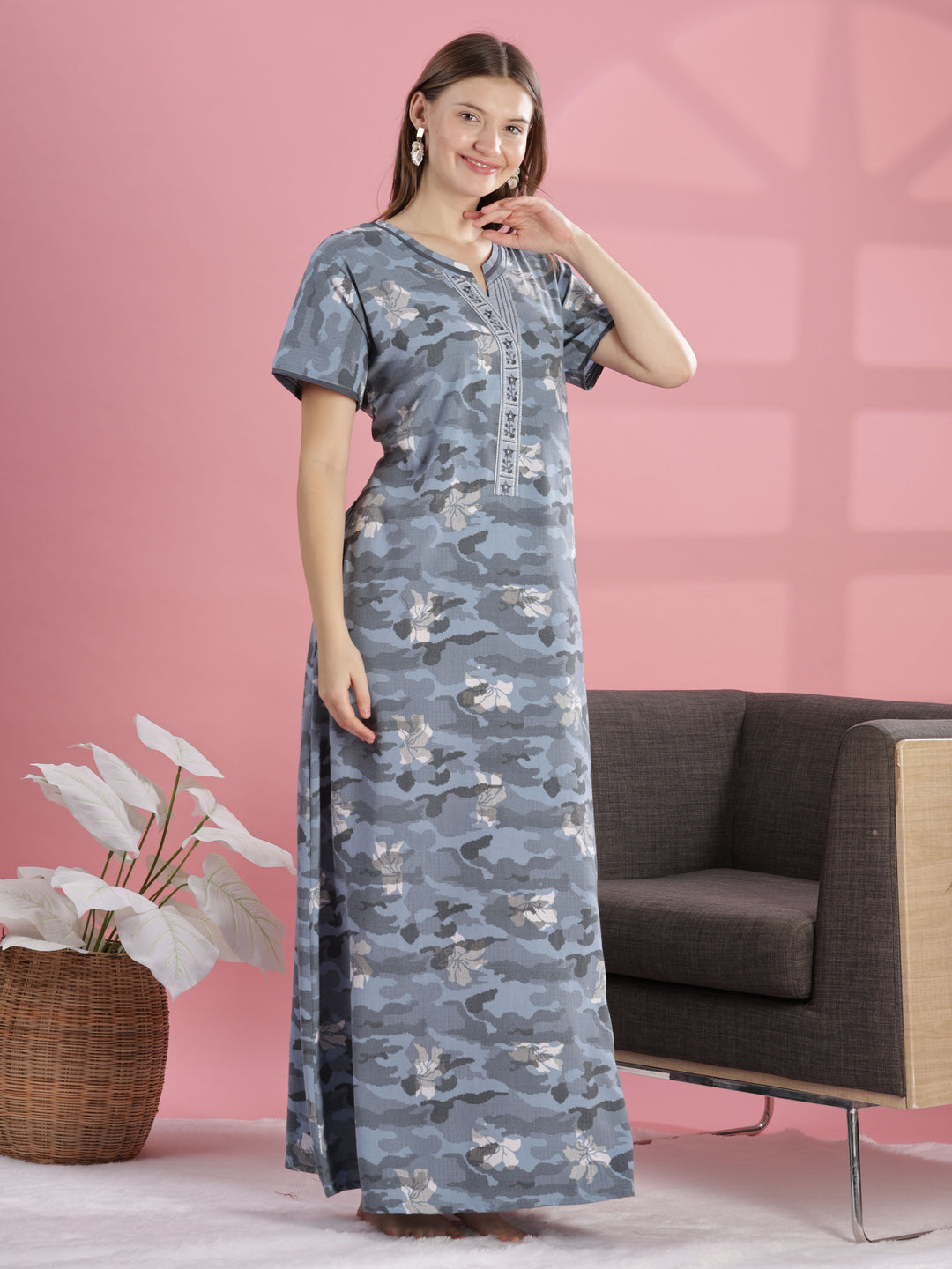 Grey Camouflage Floral Crush Cotton Nighty for Women