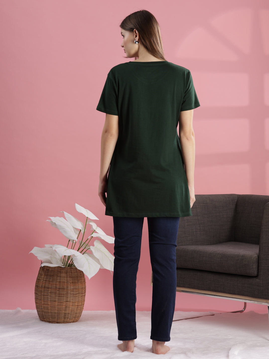 Green Long Cotton T-Shirt for Women With Casual & Elegant Look