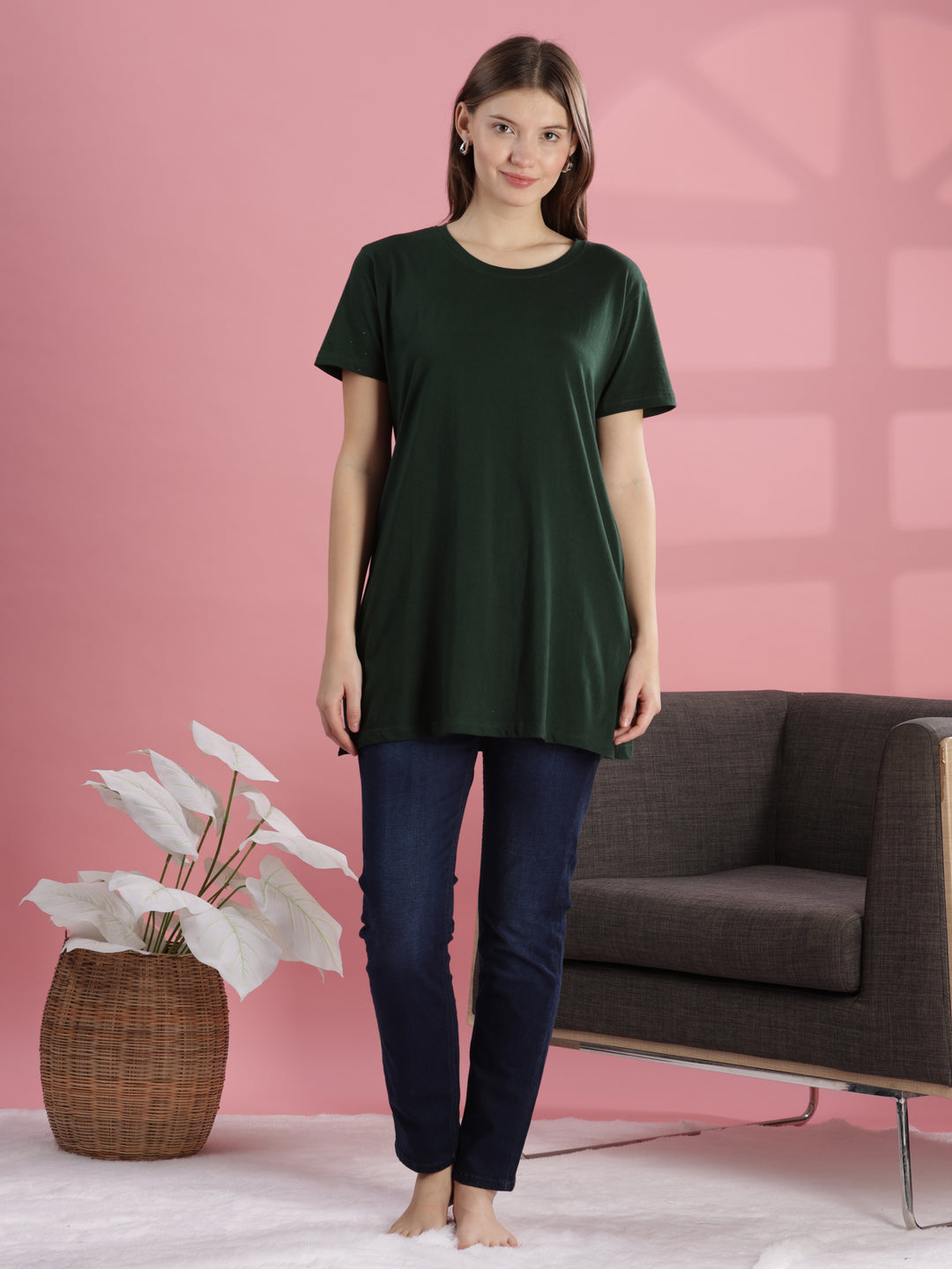 Green Long Cotton T-Shirt for Women With Casual & Elegant Look