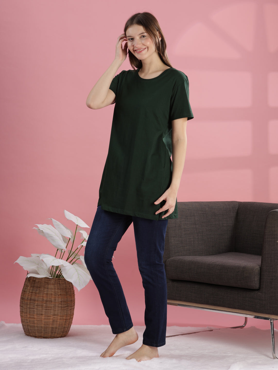 Green Long Cotton T-Shirt for Women With Casual & Elegant Look