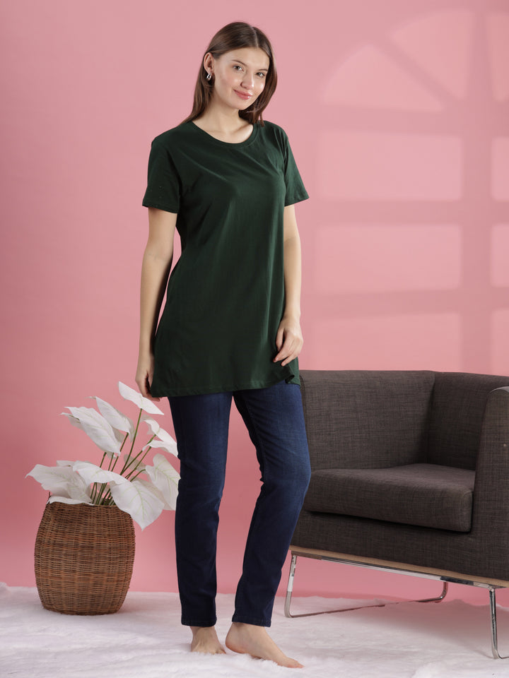 Green Long Cotton T-Shirt for Women With Casual & Elegant Look