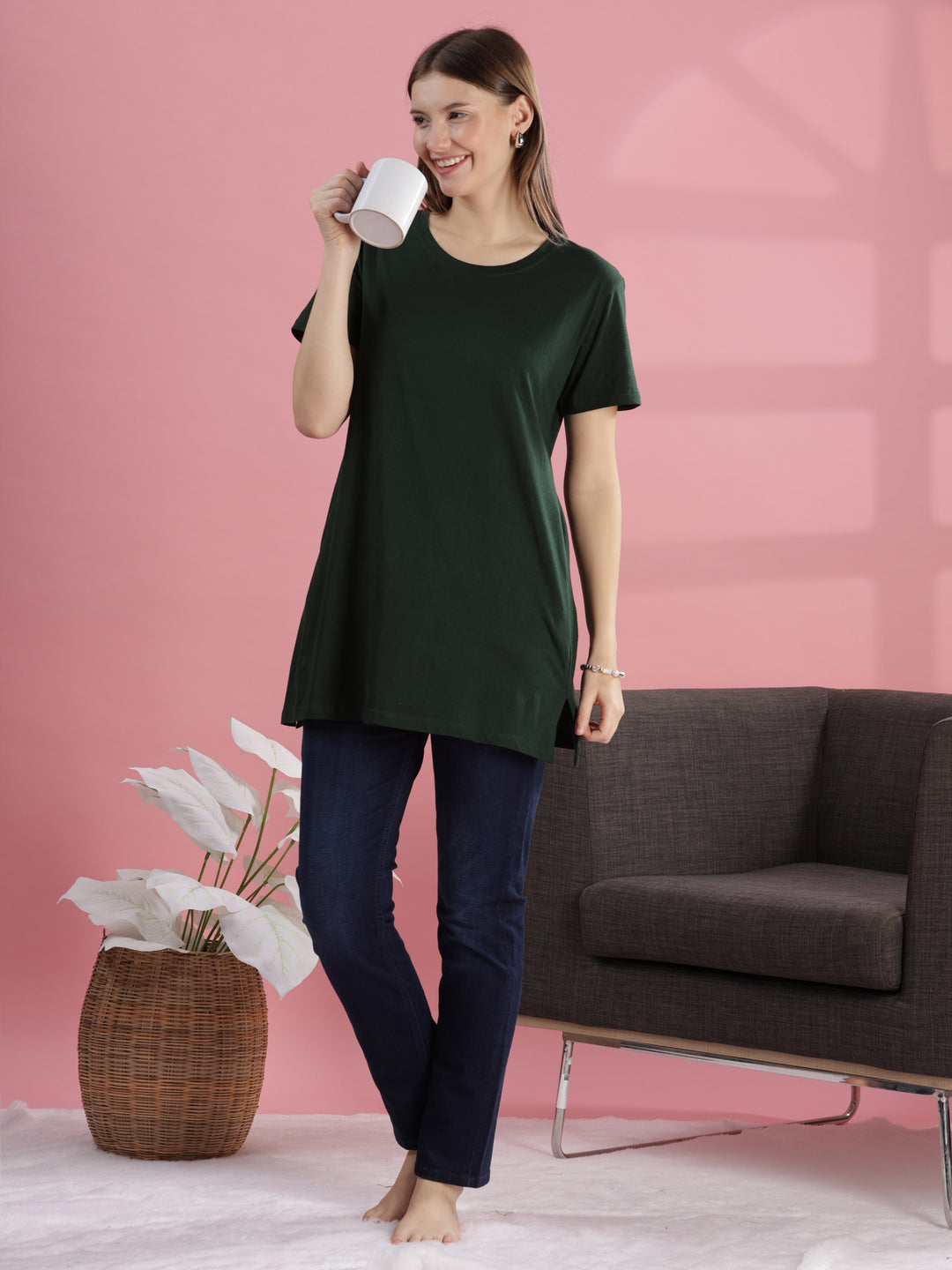 Green Long Cotton T-Shirt for Women With Casual & Elegant Look