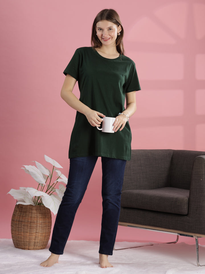 Green Long Cotton T-Shirt for Women With Casual & Elegant Look