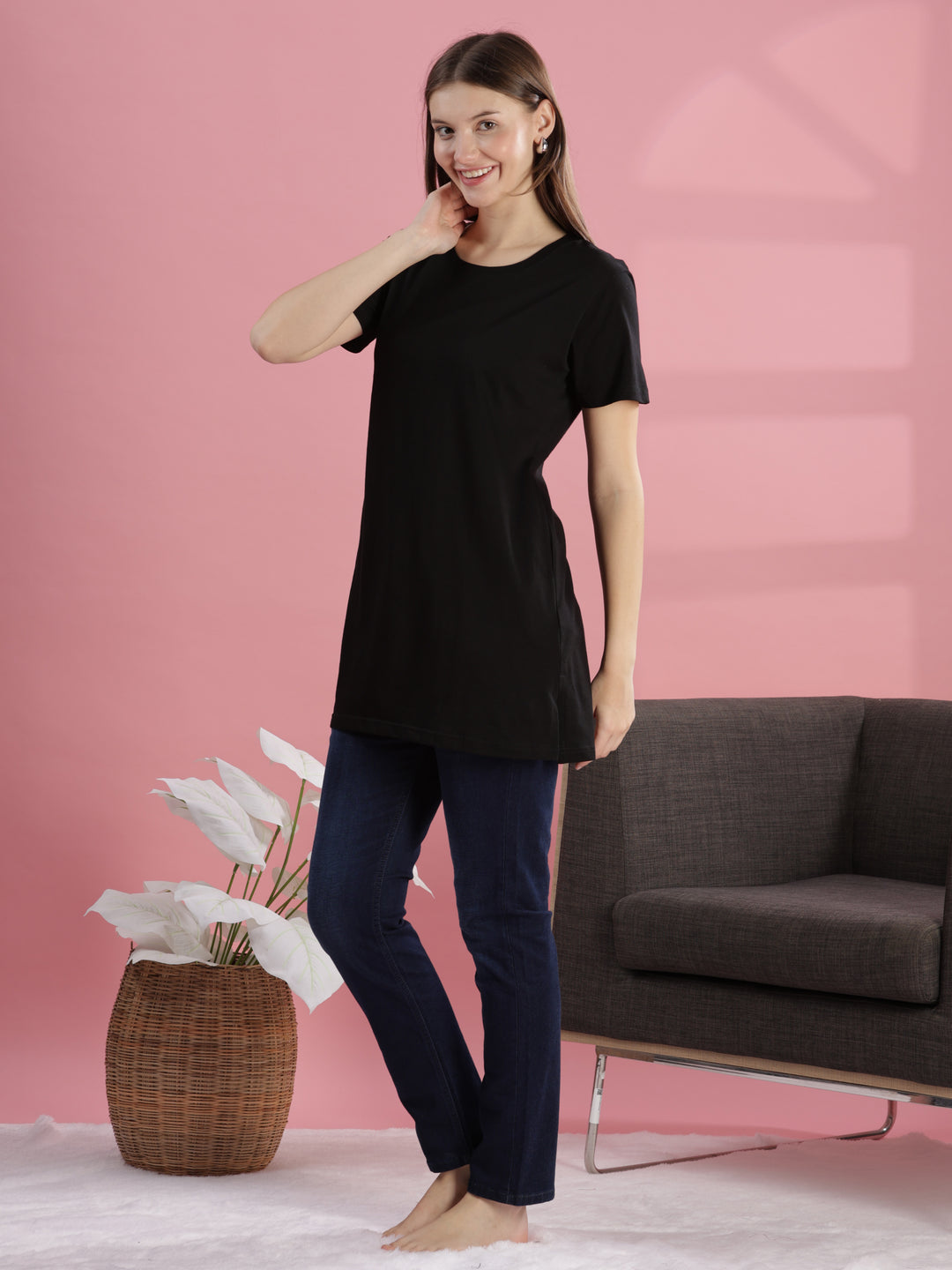 Black Long Cotton T-Shirt for Women With Versatile & Chic Fit