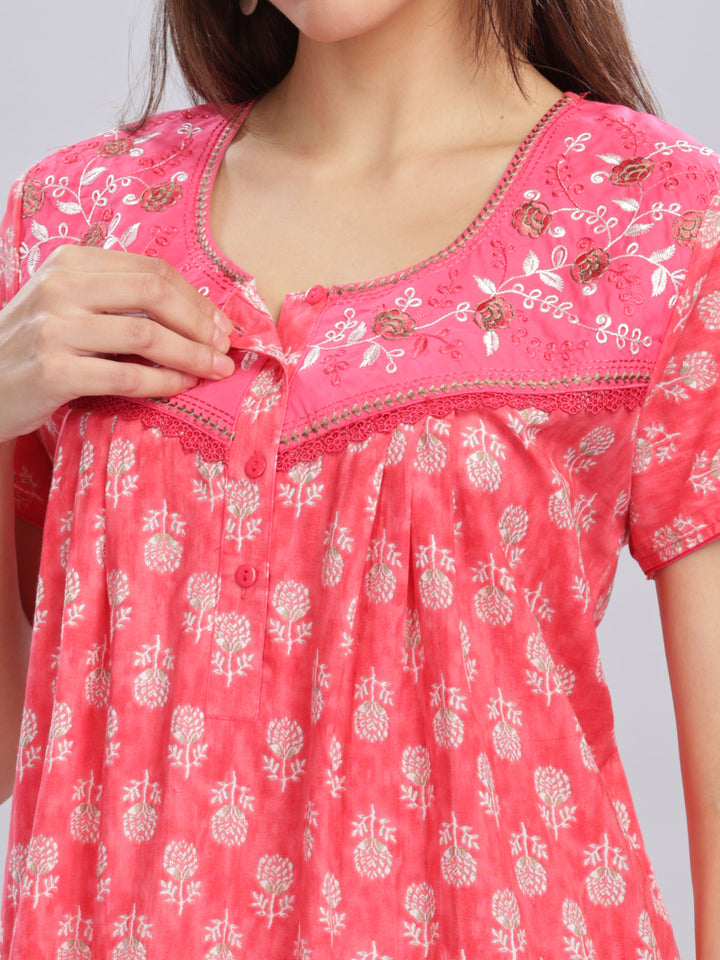 Rani Pink Cotton Floral Nighty with Embroidery and Front Buttons