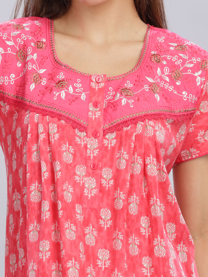 Rani Pink Cotton Floral Nighty with Embroidery and Front Buttons