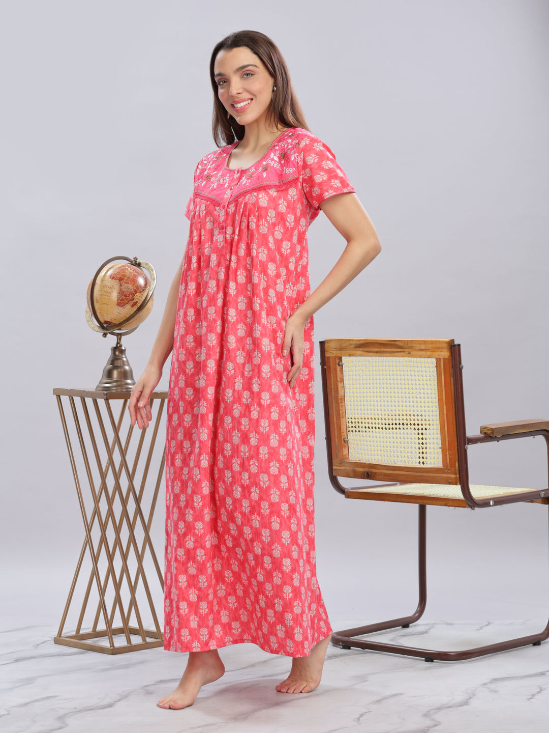 Rani Pink Cotton Floral Nighty with Embroidery and Front Buttons