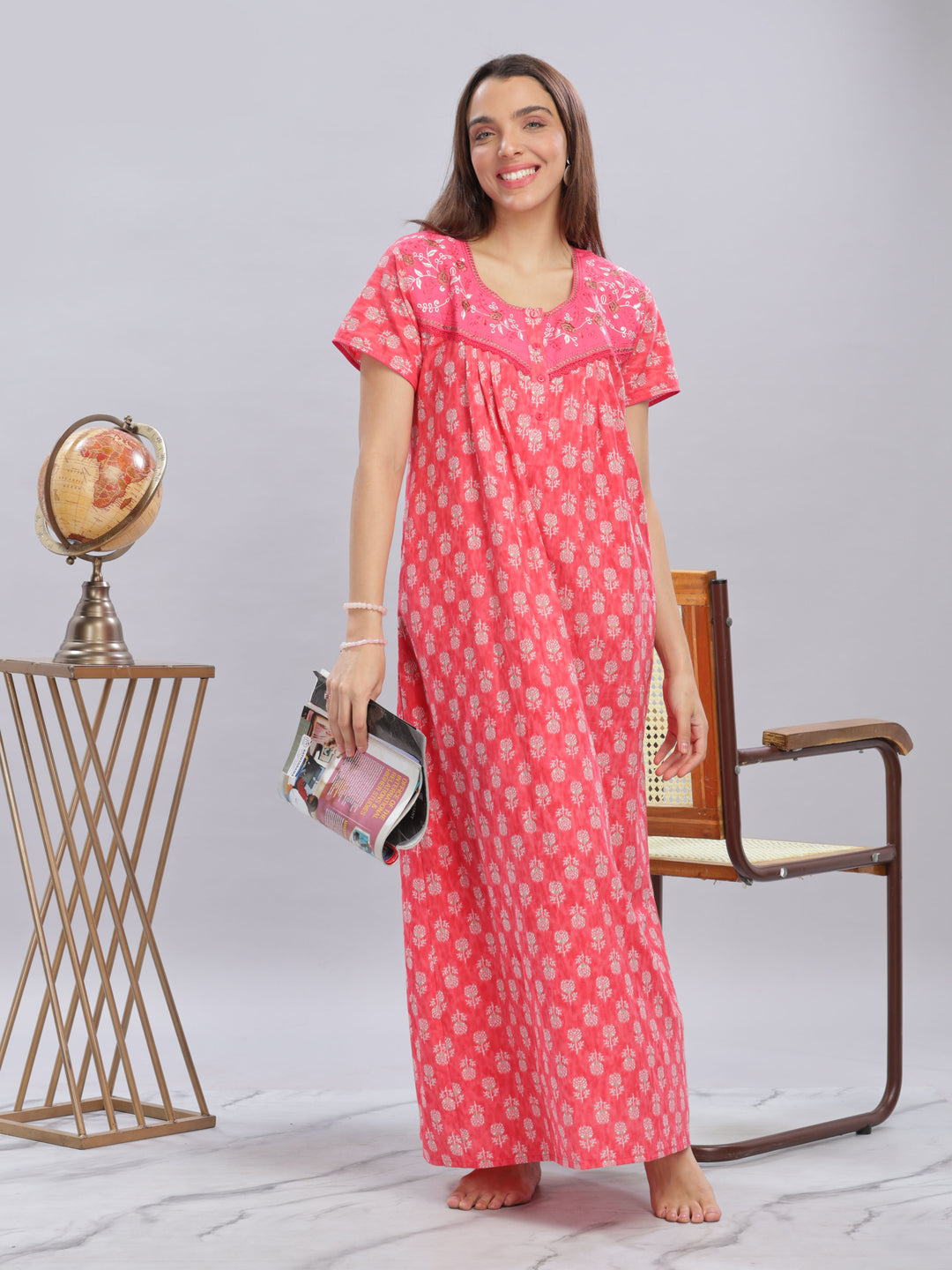 Rani Pink Cotton Floral Nighty with Embroidery and Front Buttons