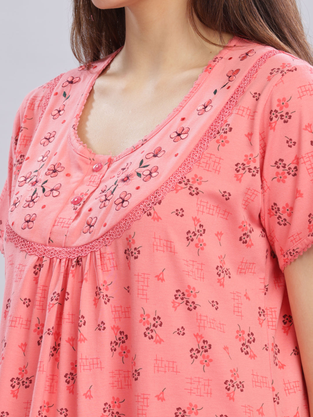 Peach Cotton Blend Nighty with Floral Embroidery and Pockets