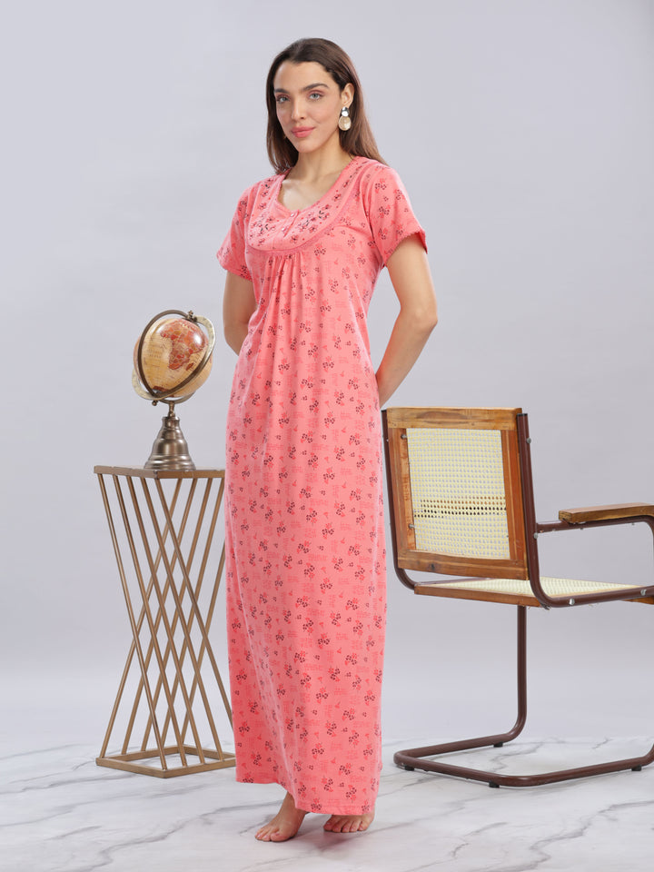 Peach Cotton Blend Nighty with Floral Embroidery and Pockets