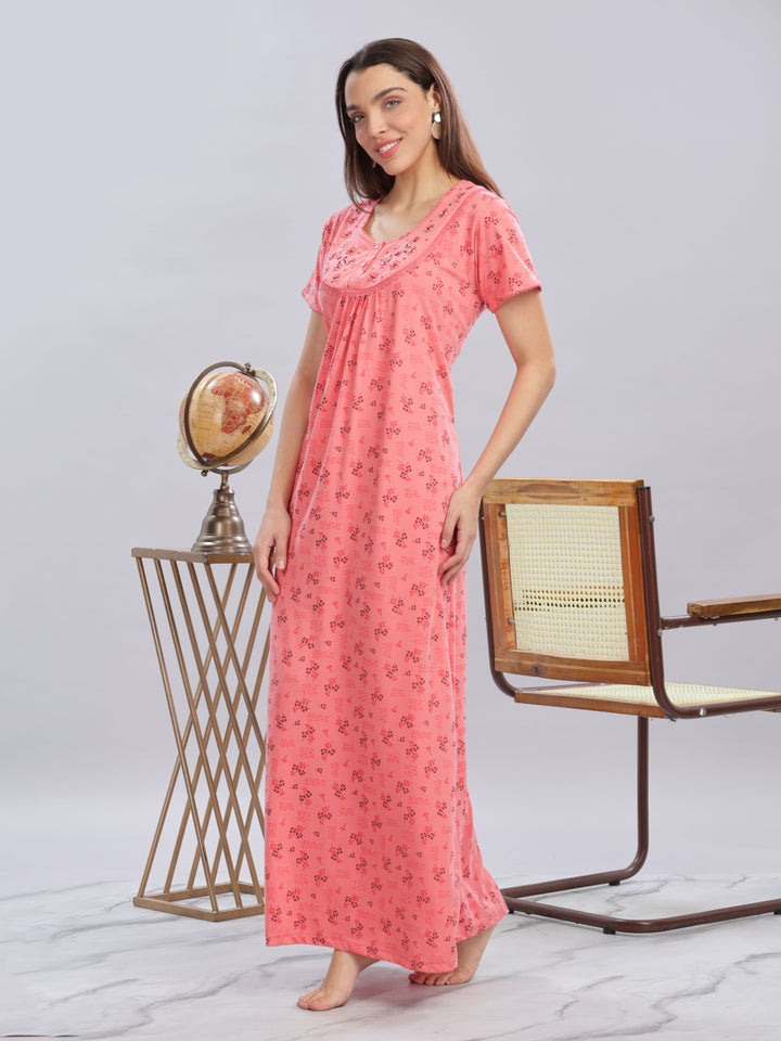 Peach Cotton Blend Nighty with Floral Embroidery and Pockets