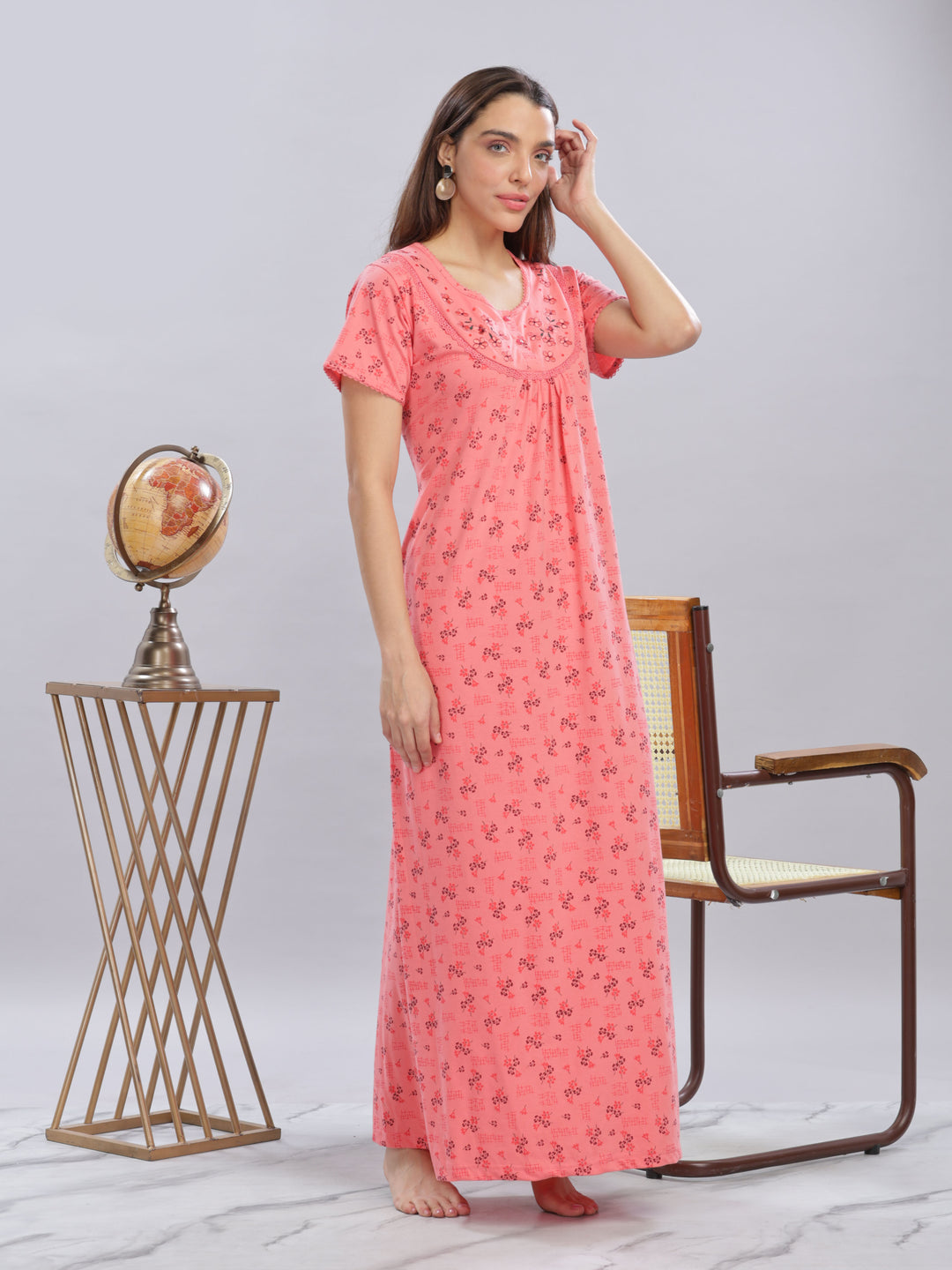 Peach Cotton Blend Nighty with Floral Embroidery and Pockets