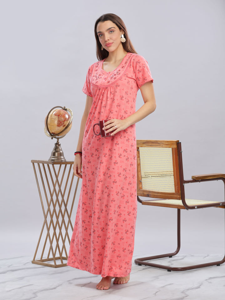 Peach Cotton Blend Nighty with Floral Embroidery and Pockets