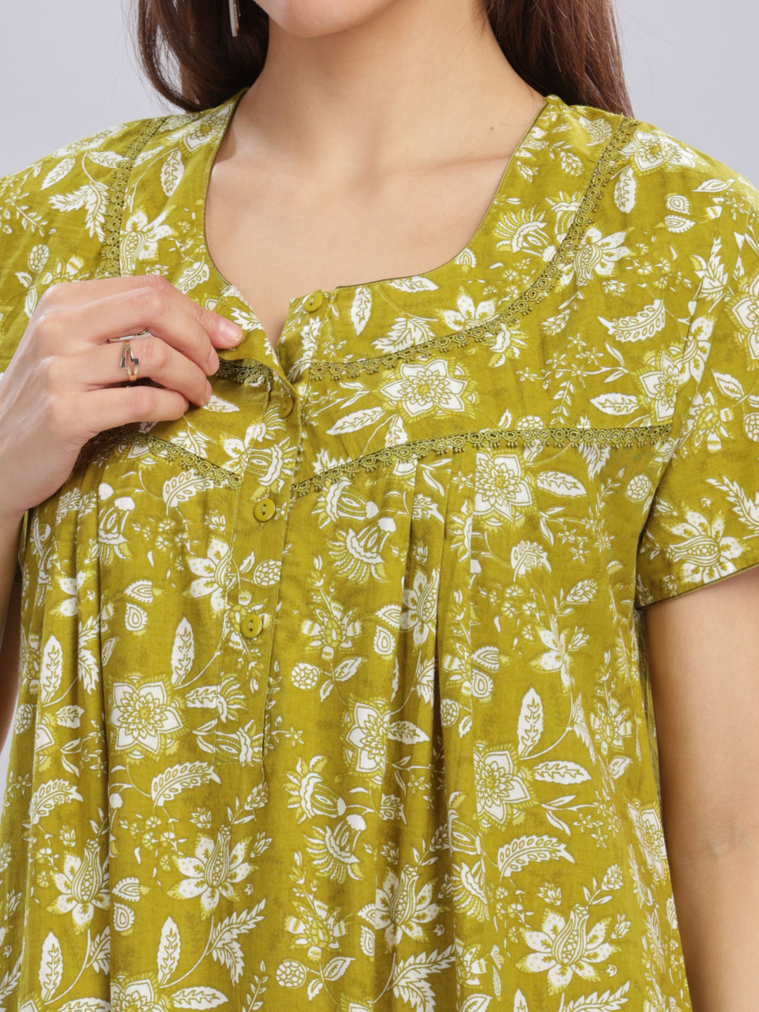 Green Floral Cotton Nighty for Women in Full Length