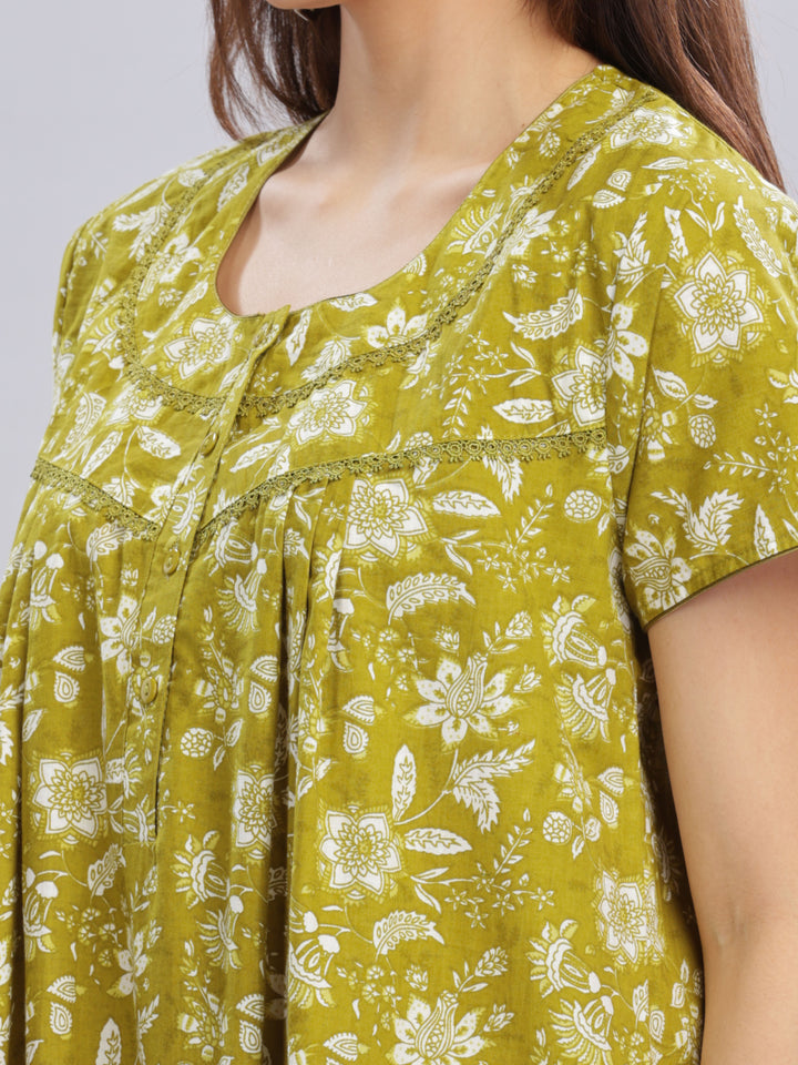 Green Floral Cotton Nighty for Women in Full Length