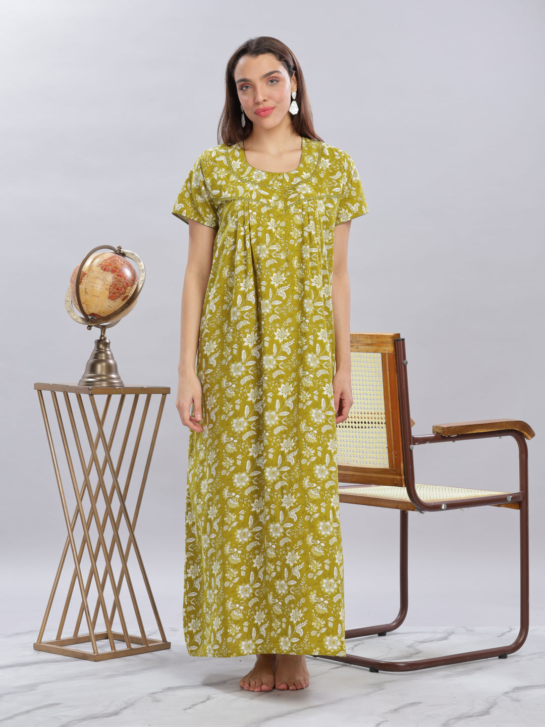 Green Floral Cotton Nighty for Women in Full Length