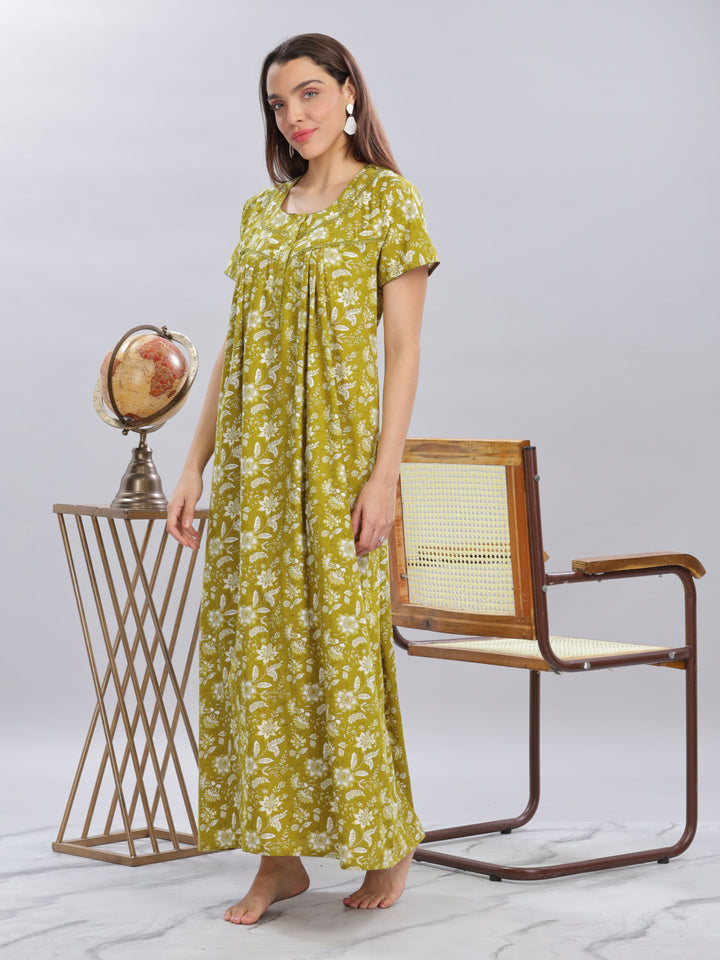 Green Floral Cotton Nighty for Women in Full Length