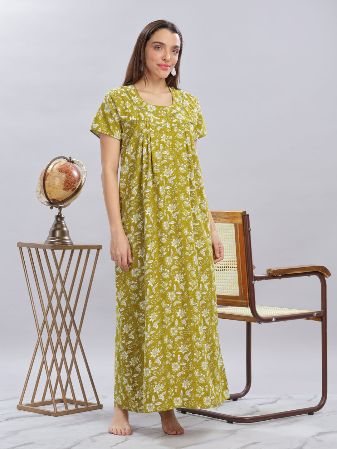 Green Floral Cotton Nighty for Women in Full Length