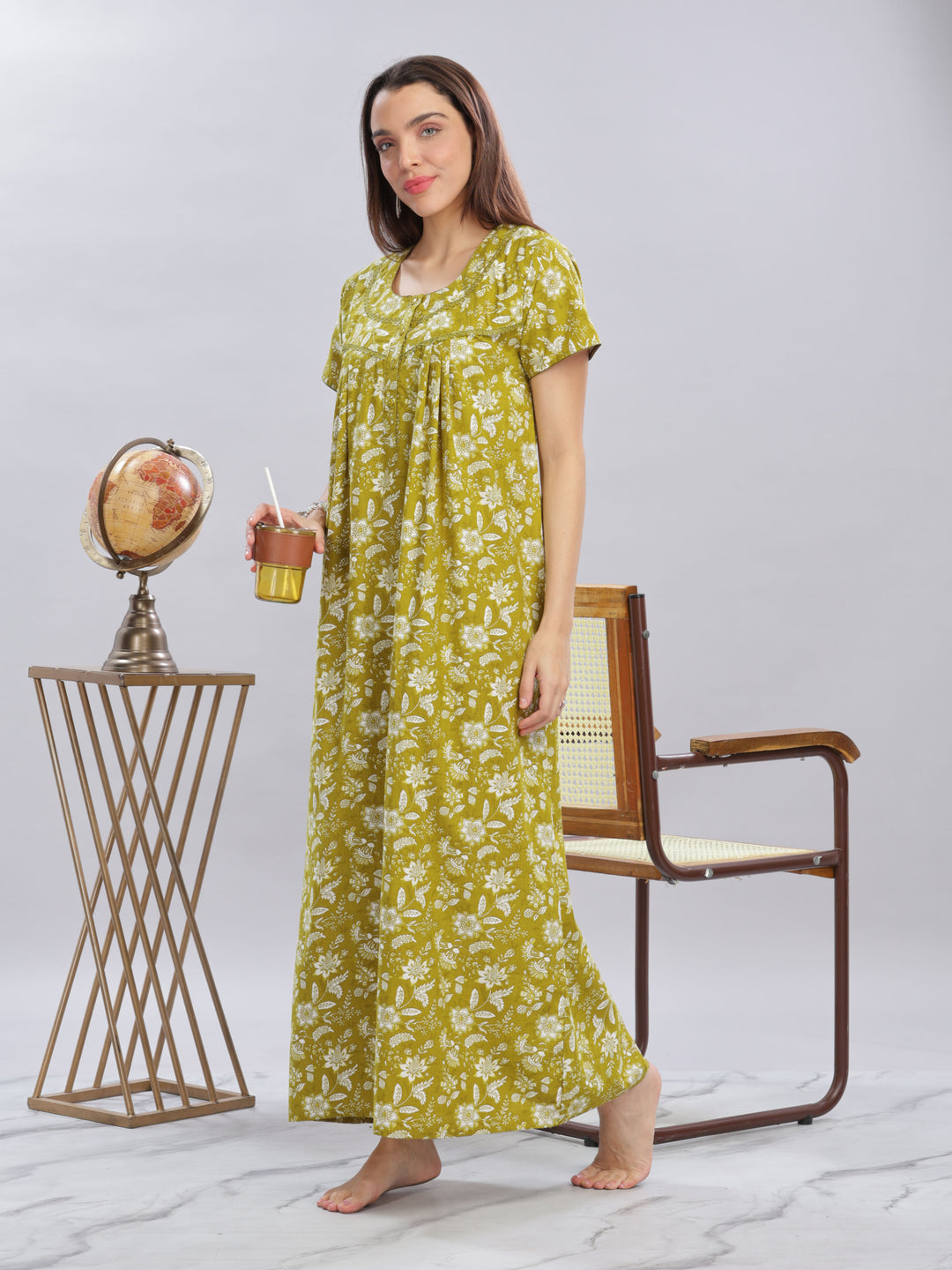 Green Floral Cotton Nighty for Women in Full Length