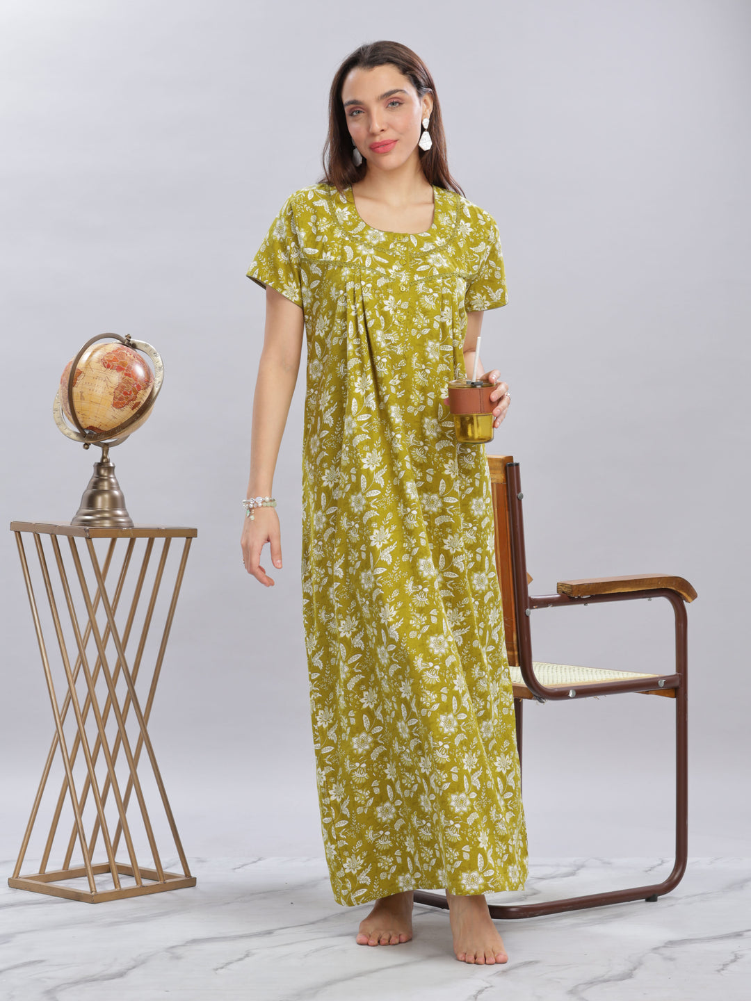 Green Floral Cotton Nighty for Women in Full Length