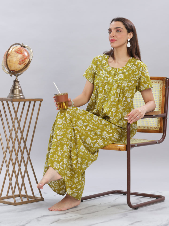 Green Floral Cotton Nighty for Women in Full Length