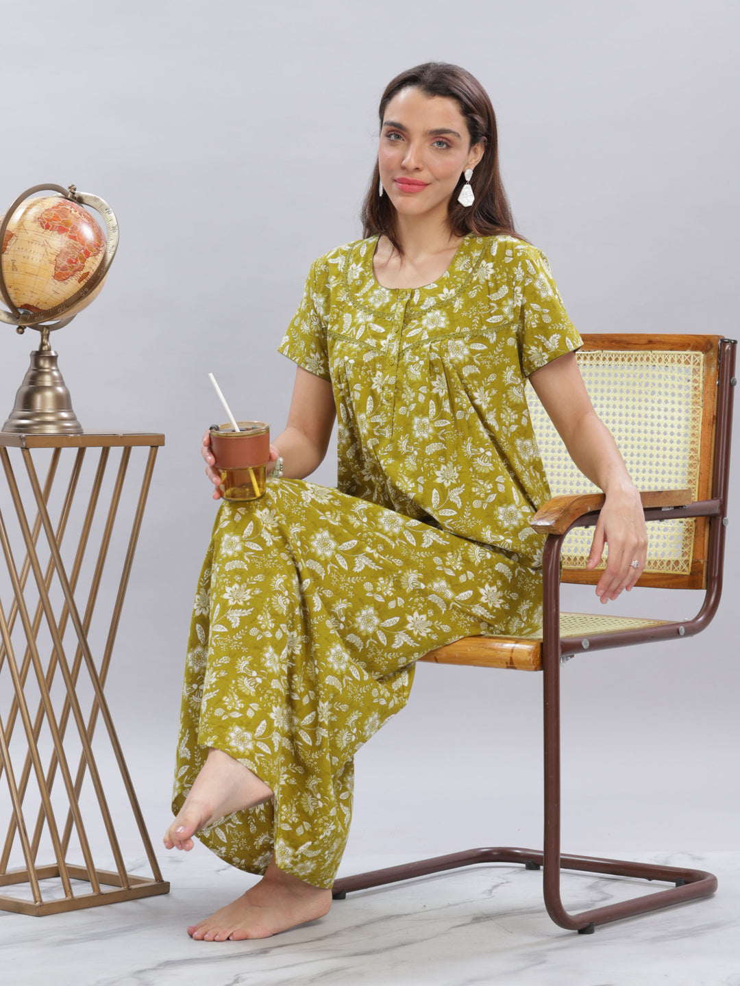 Green Floral Cotton Nighty for Women in Full Length