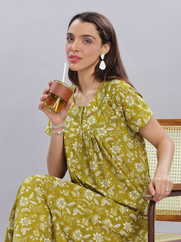 Green Floral Cotton Nighty for Women in Full Length