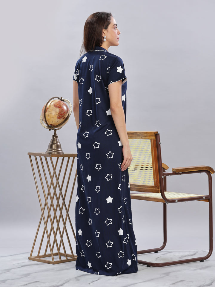 Navy Blue Star Printed Maxi Nighty with Polo Collar and Button Front