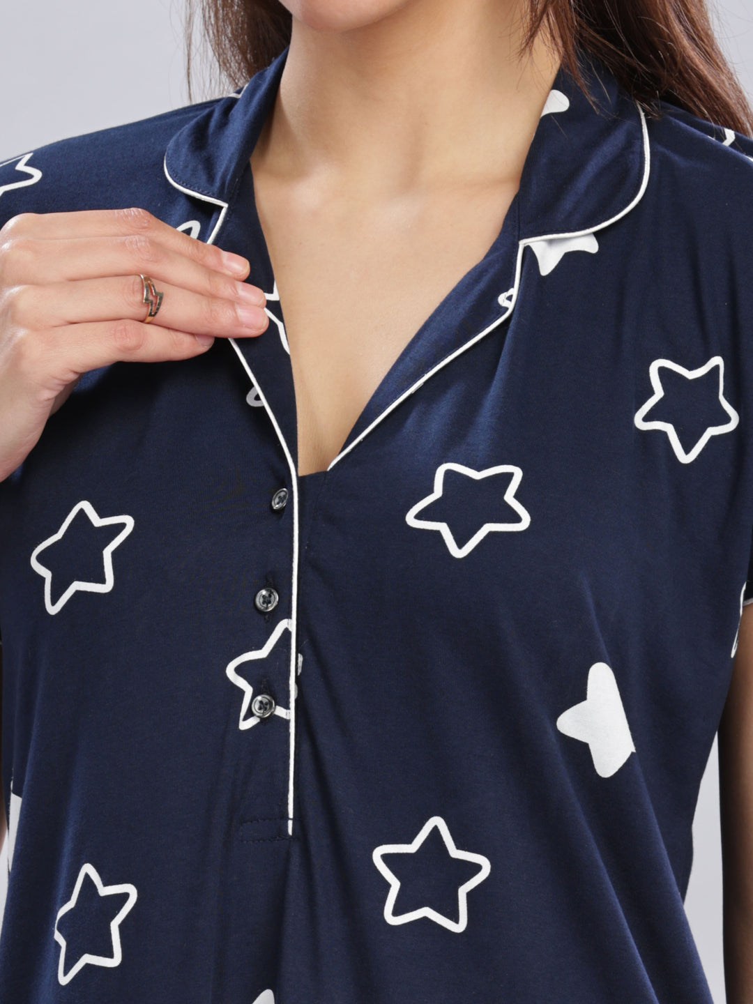 Navy Blue Star Printed Maxi Nighty with Polo Collar and Button Front