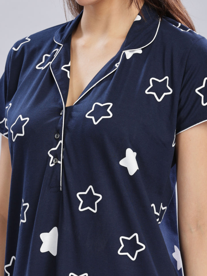 Navy Blue Star Printed Maxi Nighty with Polo Collar and Button Front