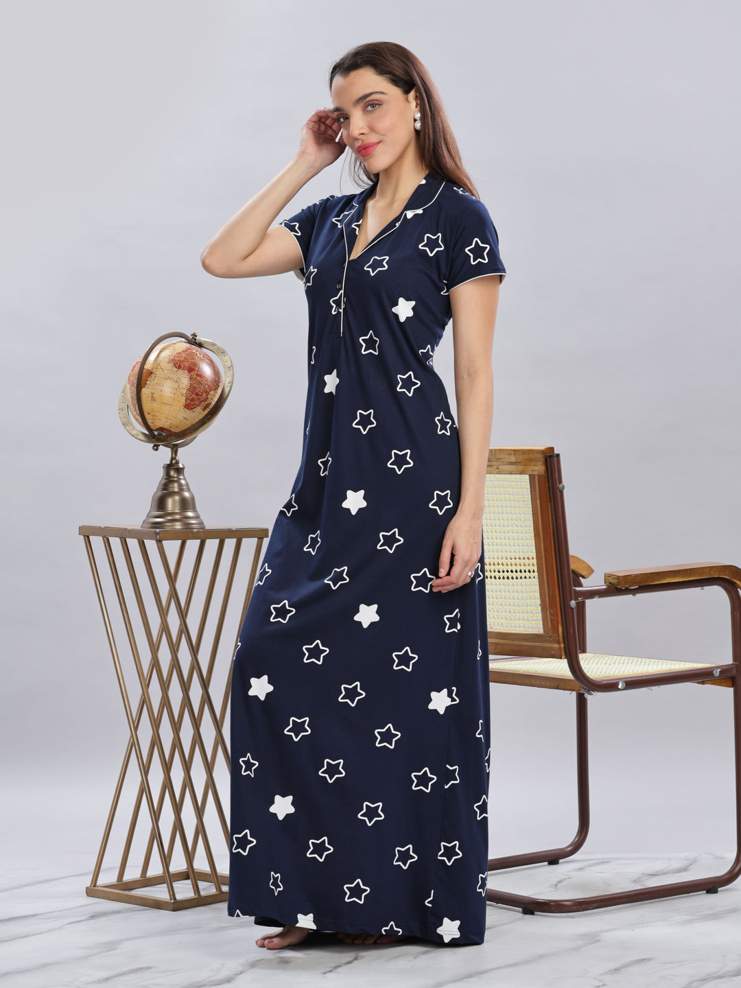 Navy Blue Star Printed Maxi Nighty with Polo Collar and Button Front