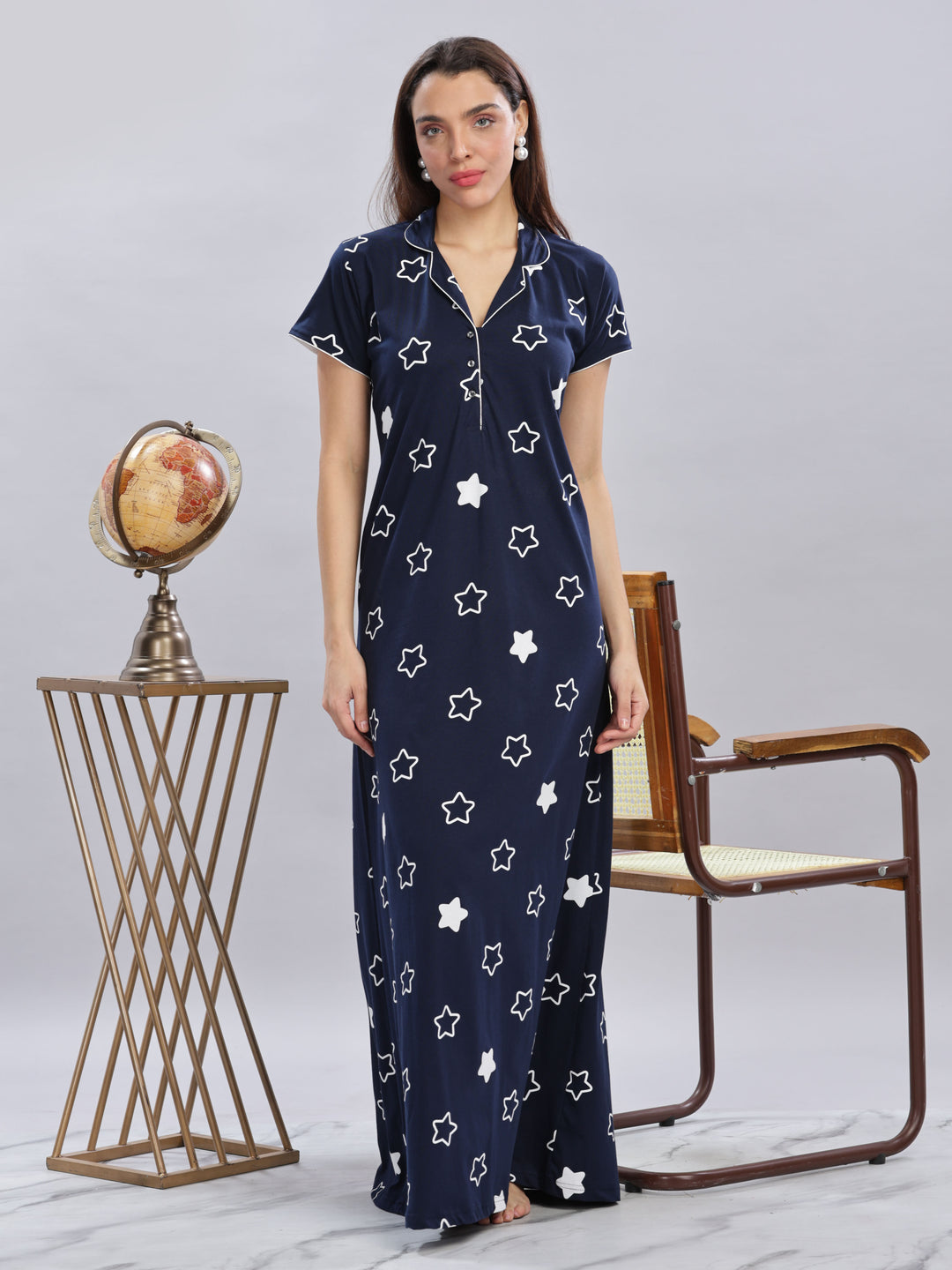 Navy Blue Star Printed Maxi Nighty with Polo Collar and Button Front