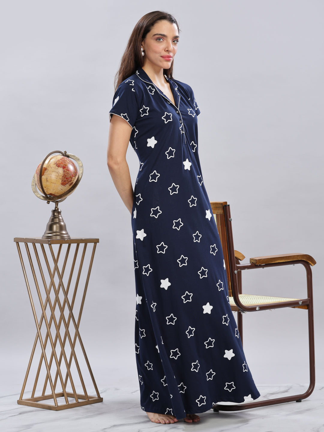 Navy Blue Star Printed Maxi Nighty with Polo Collar and Button Front