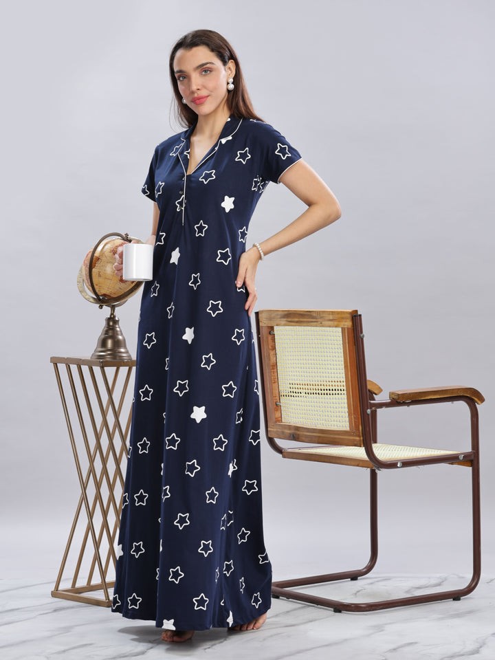 Navy Blue Star Printed Maxi Nighty with Polo Collar and Button Front