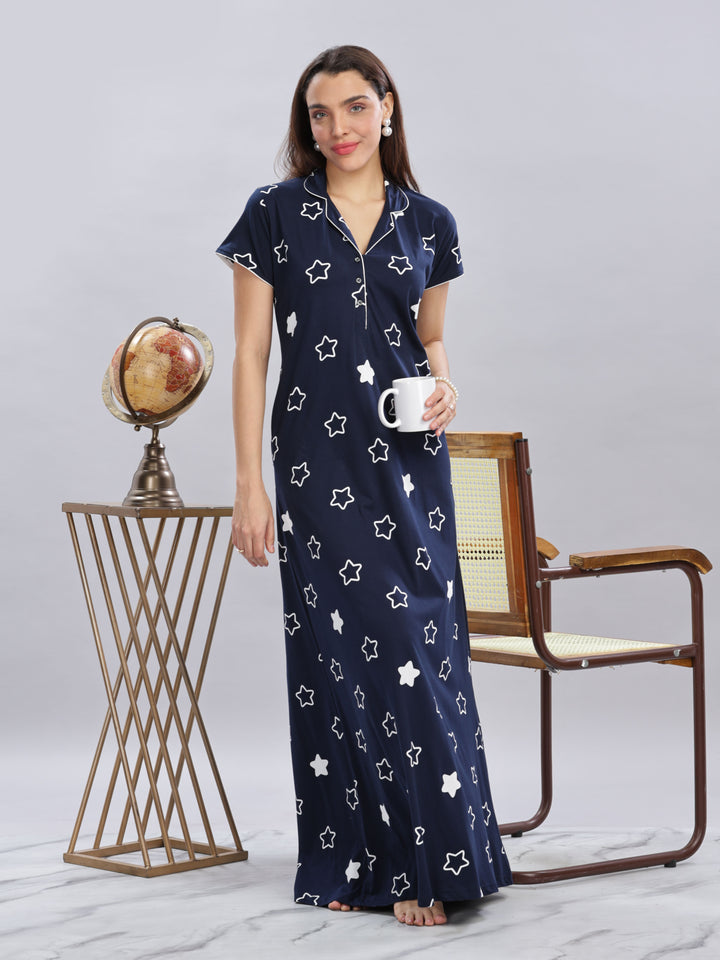 Navy Blue Star Printed Maxi Nighty with Polo Collar and Button Front