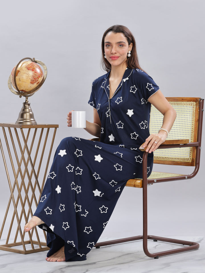 Navy Blue Star Printed Maxi Nighty with Polo Collar and Button Front