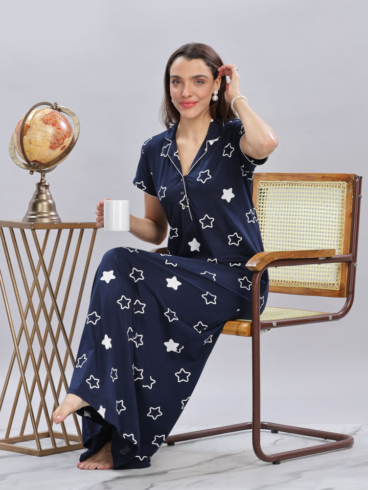 Navy Blue Star Printed Maxi Nighty with Polo Collar and Button Front