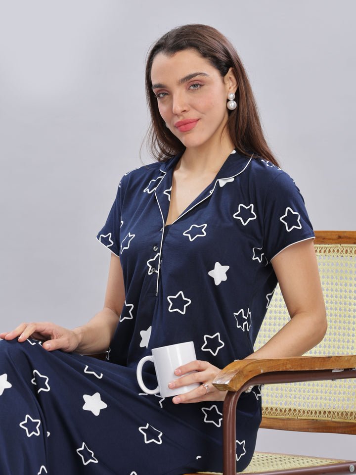 Navy Blue Star Printed Maxi Nighty with Polo Collar and Button Front