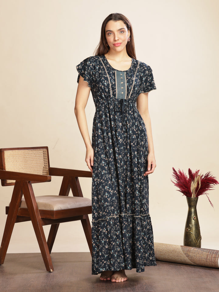 Elegant Rama Green Designer Maxi Nightgown For Women