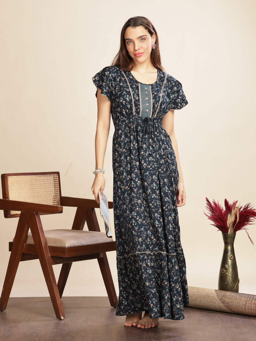 Elegant Rama Green Designer Maxi Nightgown For Women