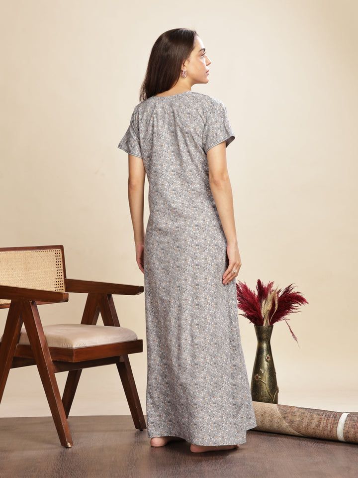 Cement Grey Floral Designer Nighty with A-Line Fit and Lace Details