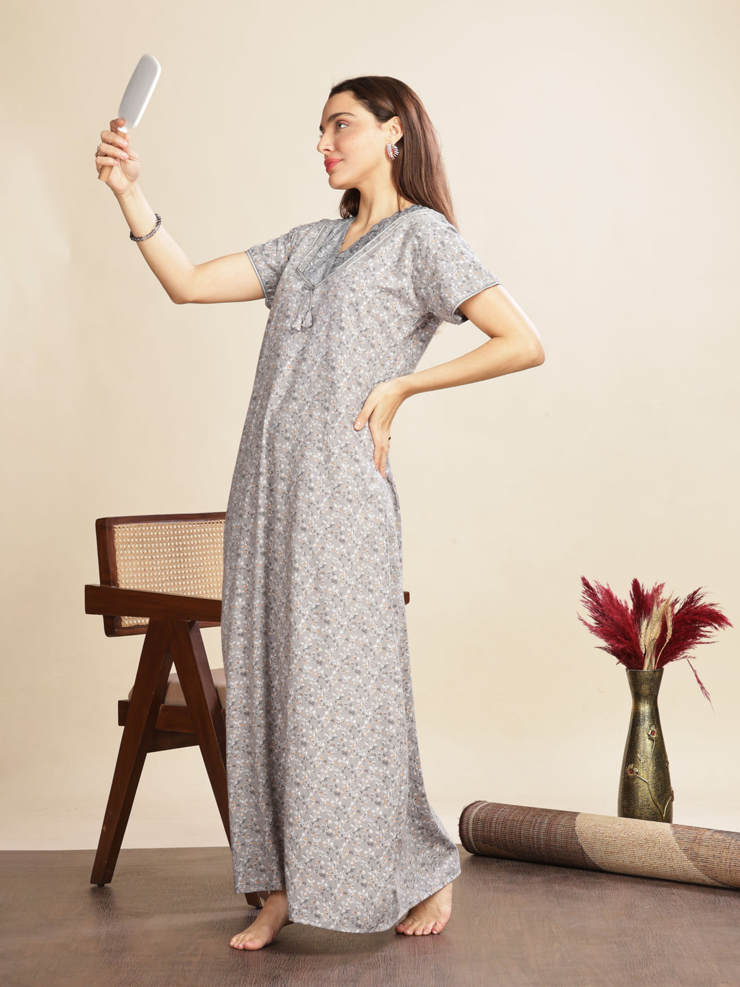 Cement Grey Floral Designer Nighty with A-Line Fit and Lace Details