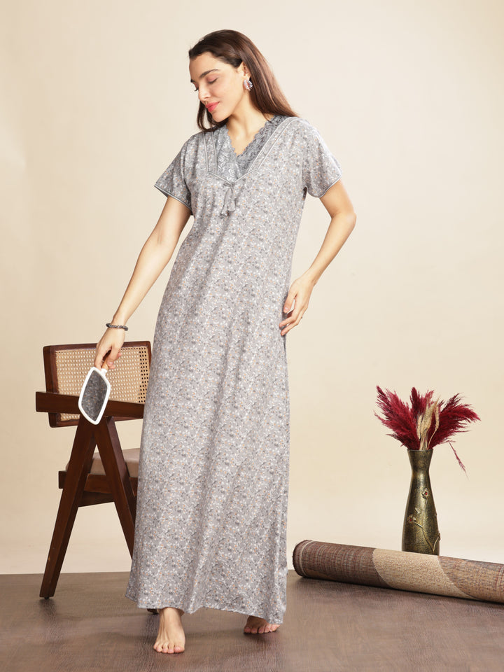 Cement Grey Floral Designer Nighty with A-Line Fit and Lace Details