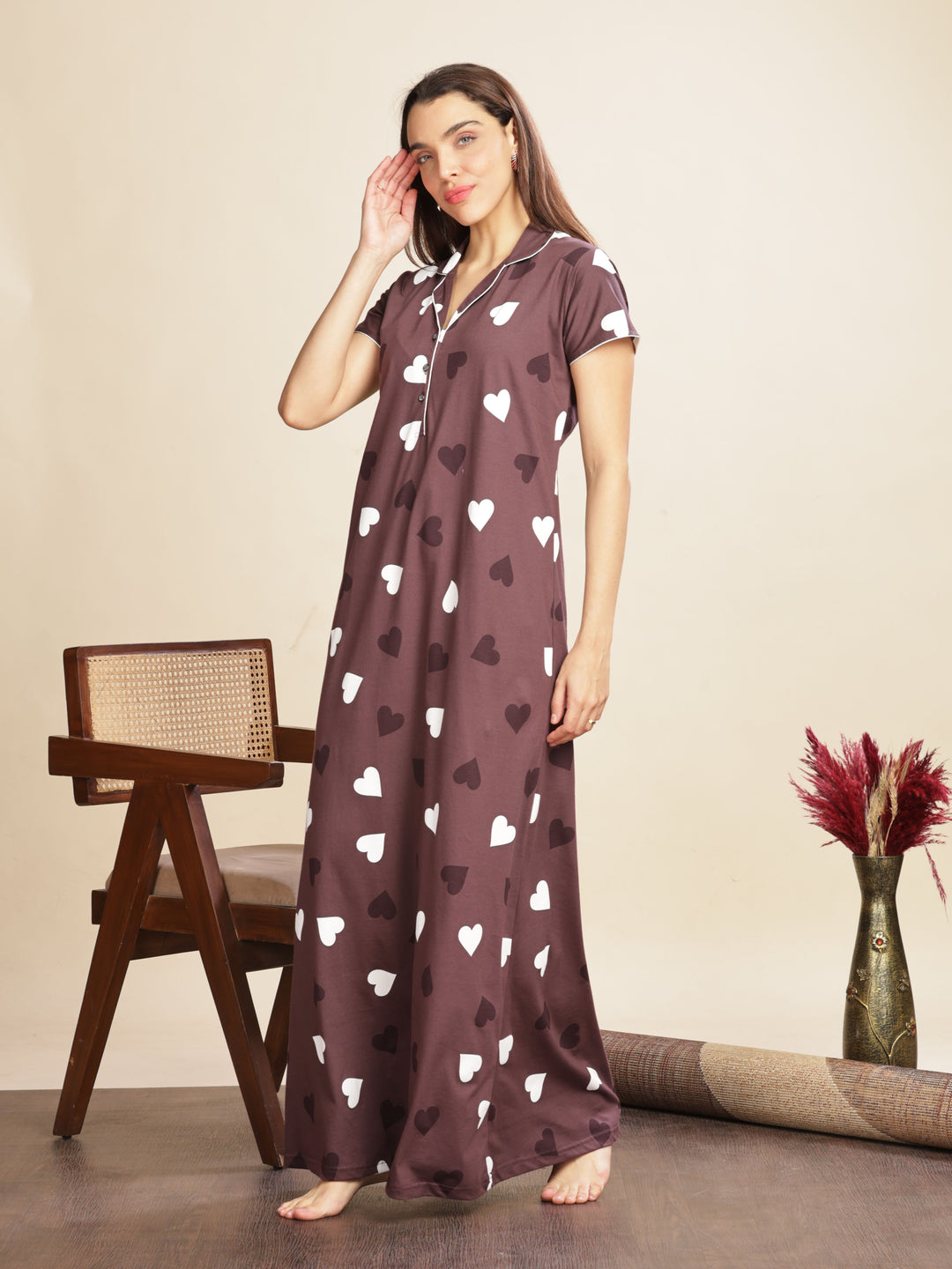 Violet Star Printed Maxi Nighty with Breathable Fabric and Elegant Fit